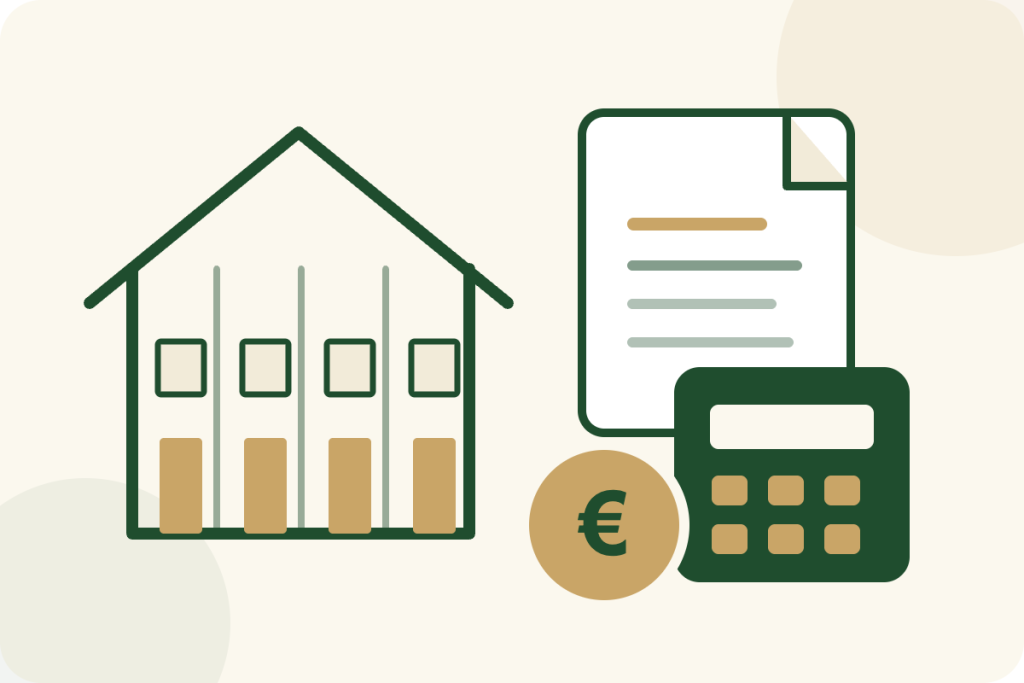 Grafik zu Förderung und Finanzierung mit vier Häusern, Unterlagen, Euro-Symbol und Kalkulation